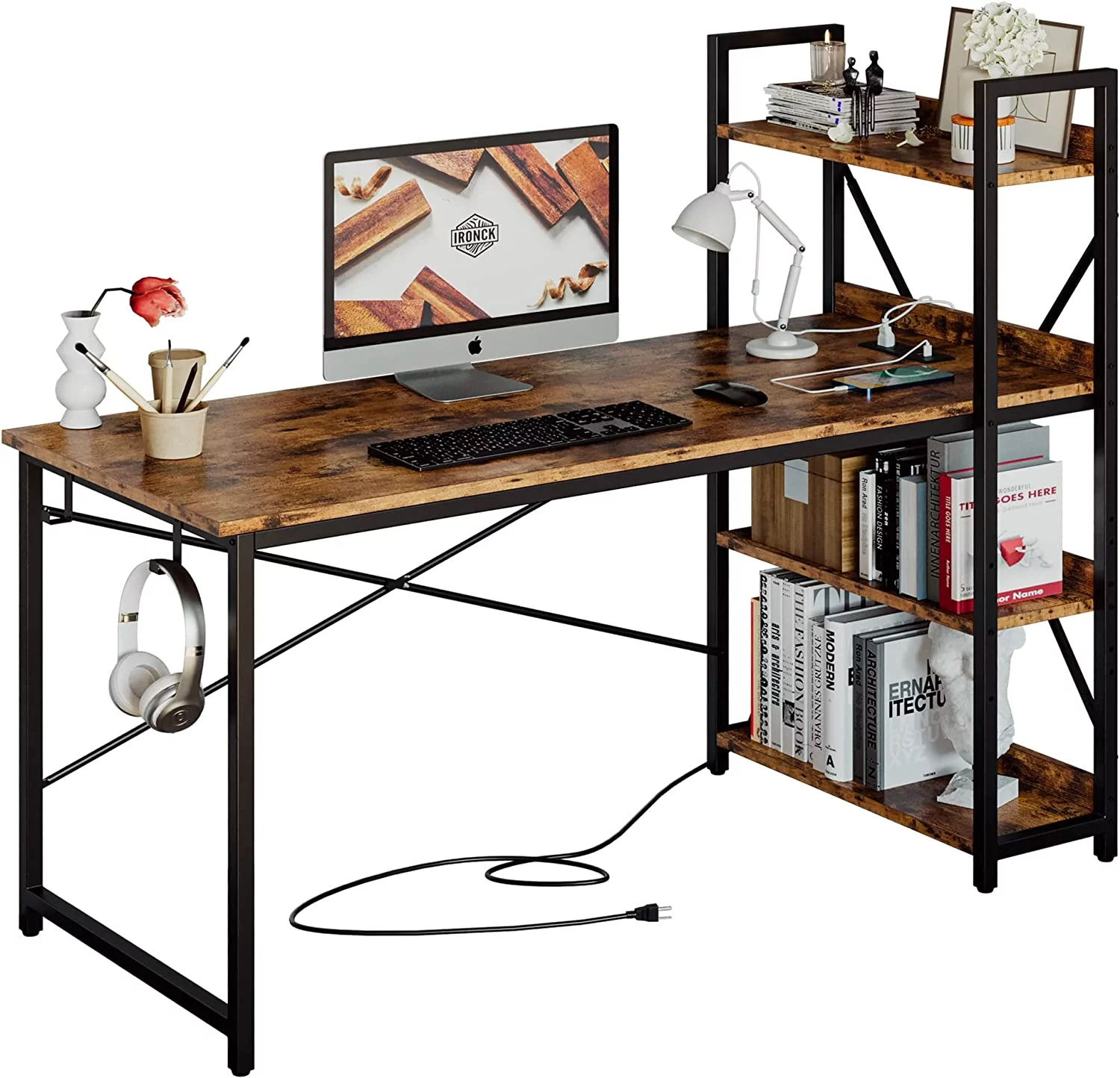 Popular IRONCK Computer Desk 55" with Power Outlet & Storage Shelves  Study Writing Table with USB Ports Charging Station  PC Desk Workstation for Home Office  Rustic Brown