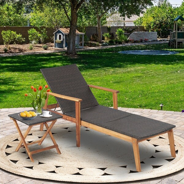 Costway 2PCS Patio Rattan Lounge Chair Chaise Recliner Wood Back