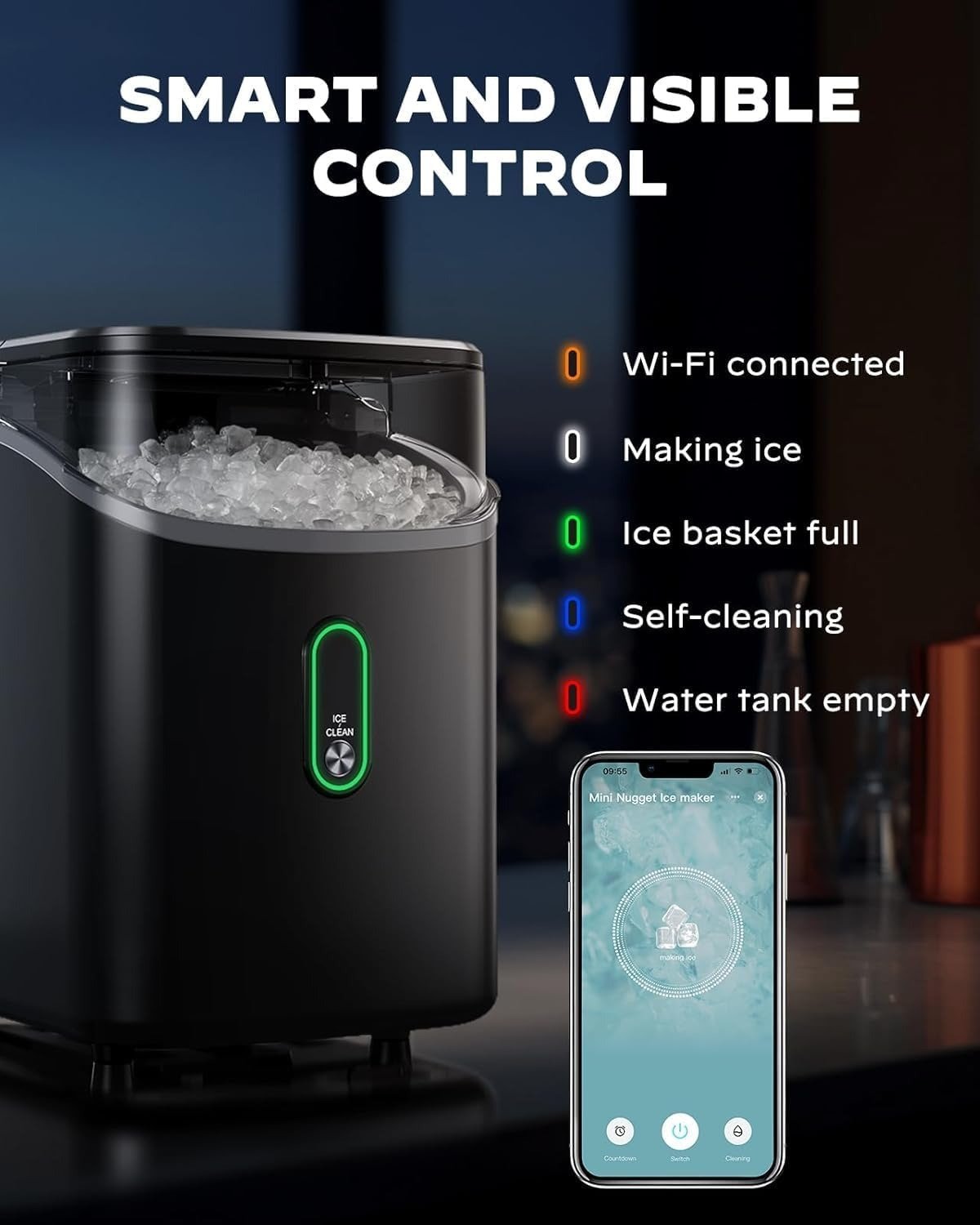 Nugget Ice Maker Countertop, 33Lbs/24H Soft Chewable Pebble Ice Machine, Timer Function & App Status Alerts, Compact for Home, Kitchen & Office Use