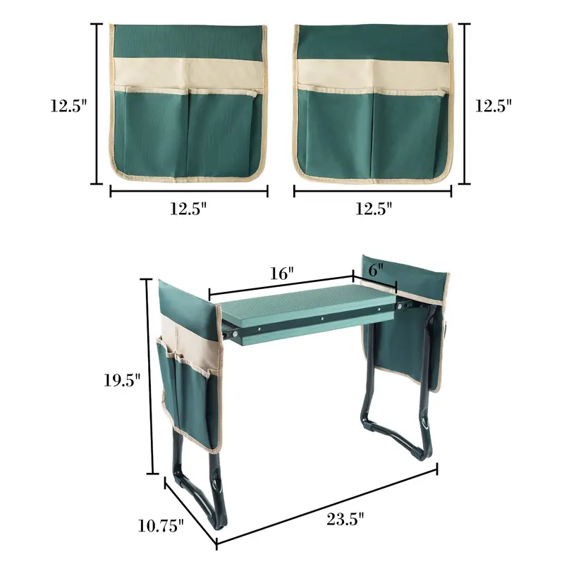 Pure Garden Kneeler Bench – Foldable Stool with 2 Tool Pouches (Green)