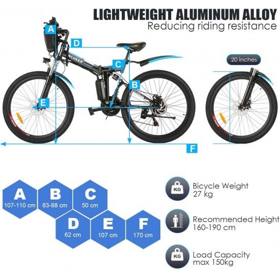 26” Folding Electric Bike, Commuting Ebike Electric Mountain Bike with 36V 8Ah Lithium-Ion Battery, Premium Full Suspension and 21 Speed Gears