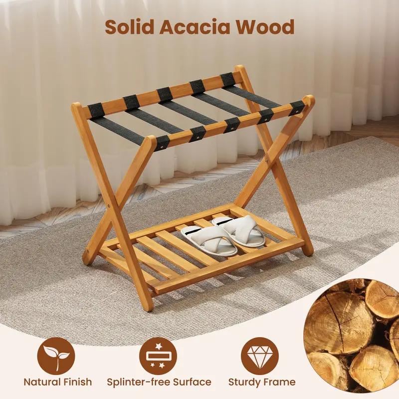 Set of 2 or 4 Folding Acacia Wood Luggage Racks – Suitcase Stands for Travelers