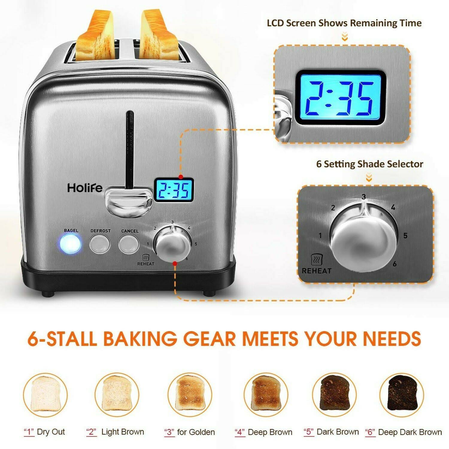 Holife 2 Slice Toaster Stainless Steel [LCD Timer Display] Bagel Toaster ( 6