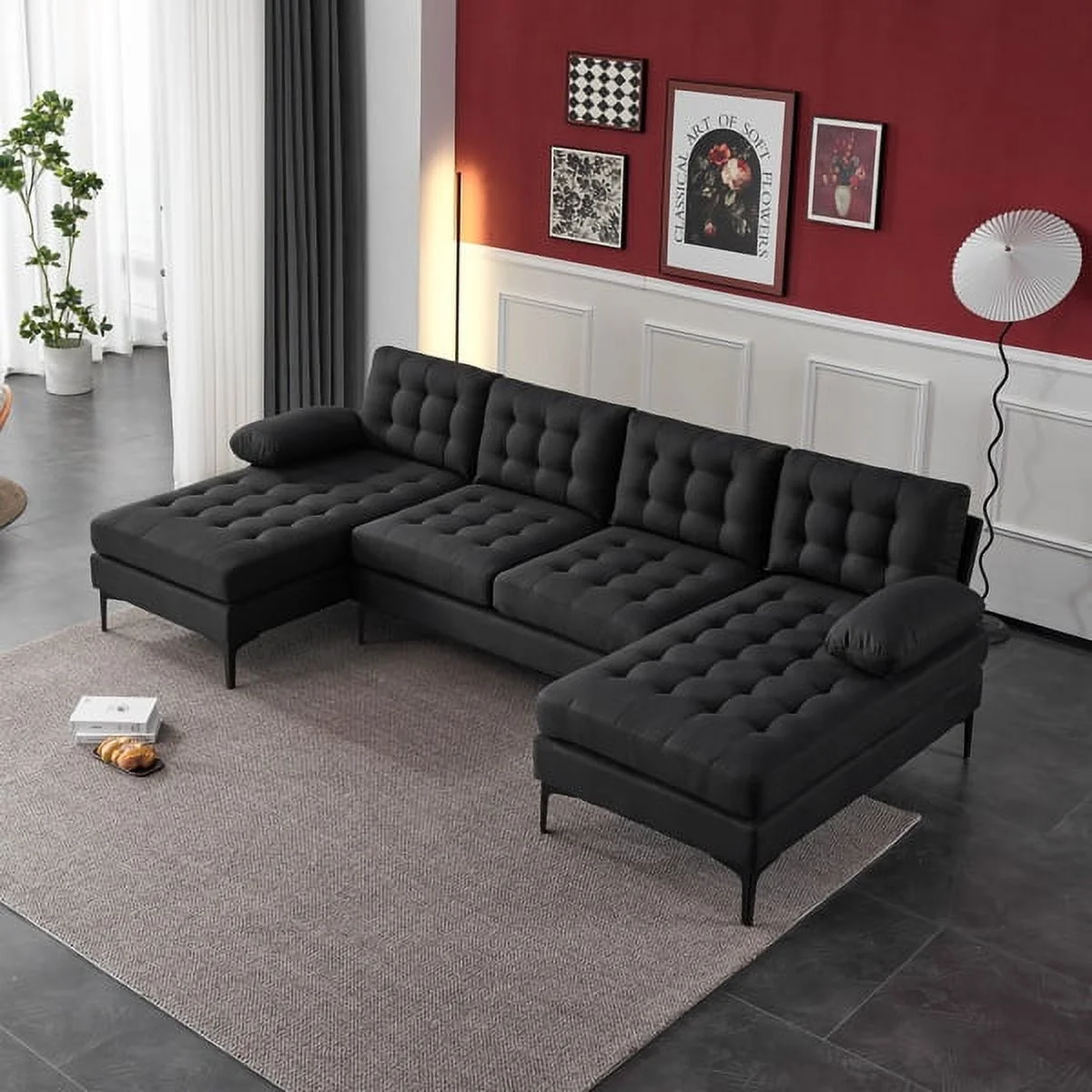 Fithood U-shaped Soft-Covered Armrest Backrest Seat Pull Point Wooden Frame Iron Frame Black Feet Indoor Sectional Sofa Black