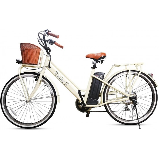 250W Electric Bike 26″ Ebike for Female 6 Speed Electric Bikes for Adults with Basket, City Electric Bikes for Women with 36V 12AH Removable Battery, Beige