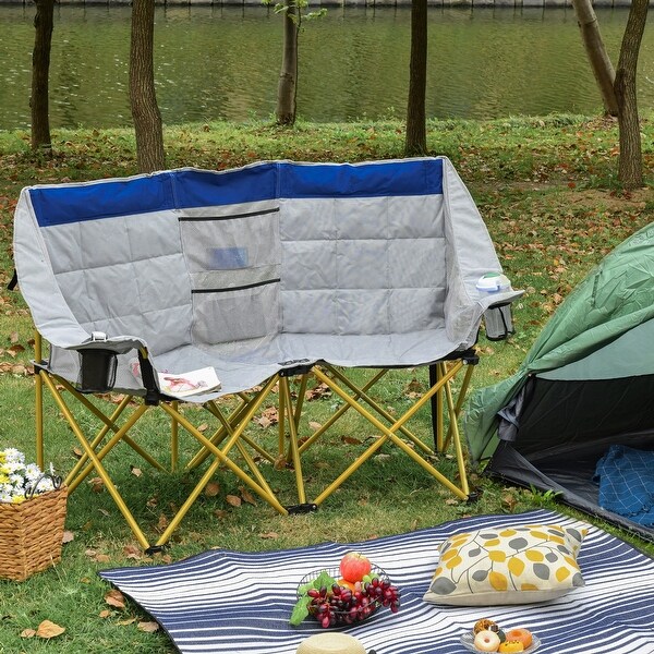 Outsunny Double Seat Camping Chair Folding Lawn Loveseat w/ Storage Pocket and Cup Holder Compact for Outdoor,Beach,Picnic