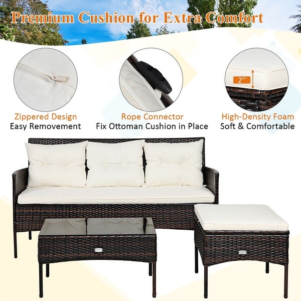 Costway 3PCS Patio Rattan Furniture Set 3Seat Sofa Cushioned Table