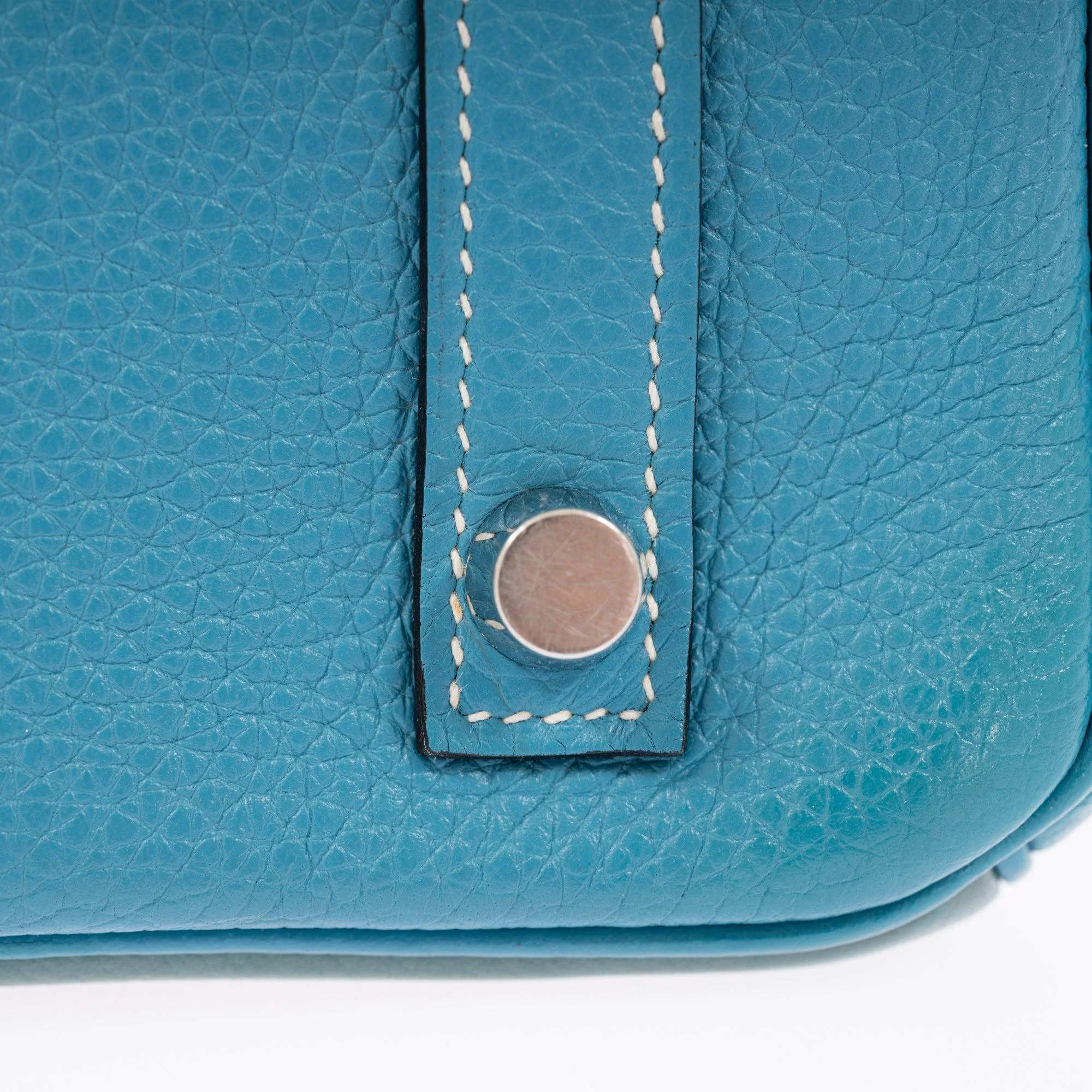 Hermès Birkin 30 Grizzly Ghillies Gris Perle Doblis, Ciel Evercolor & Turquoise Clémence Palladium Hardware