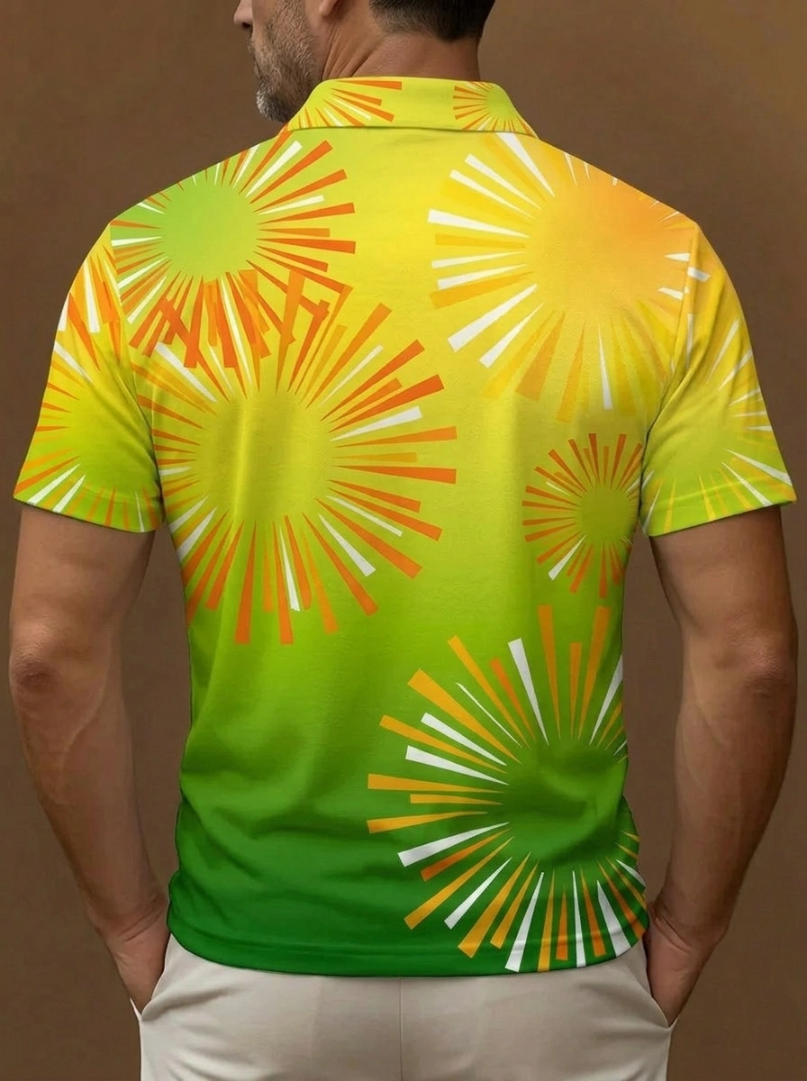 Yellow Green Gradient Sunburst Print Short Sleeve Golf Polo Shirt