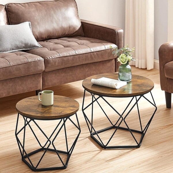 Small Coffee Table Set of 2,Round Coffee Table,Rustic Brown and Black