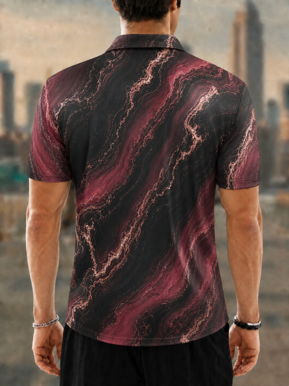 Moisture Wicking Golf Polo 3D Burgundy Gold Marble Swirl Button Short Sleeve Golf Polo Shirt