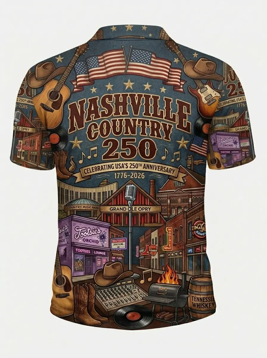 Moisture Wicking Golf Polo 3D Nashville Country Music 250 Anniversary Button Short Sleeve Golf Polo Shirt