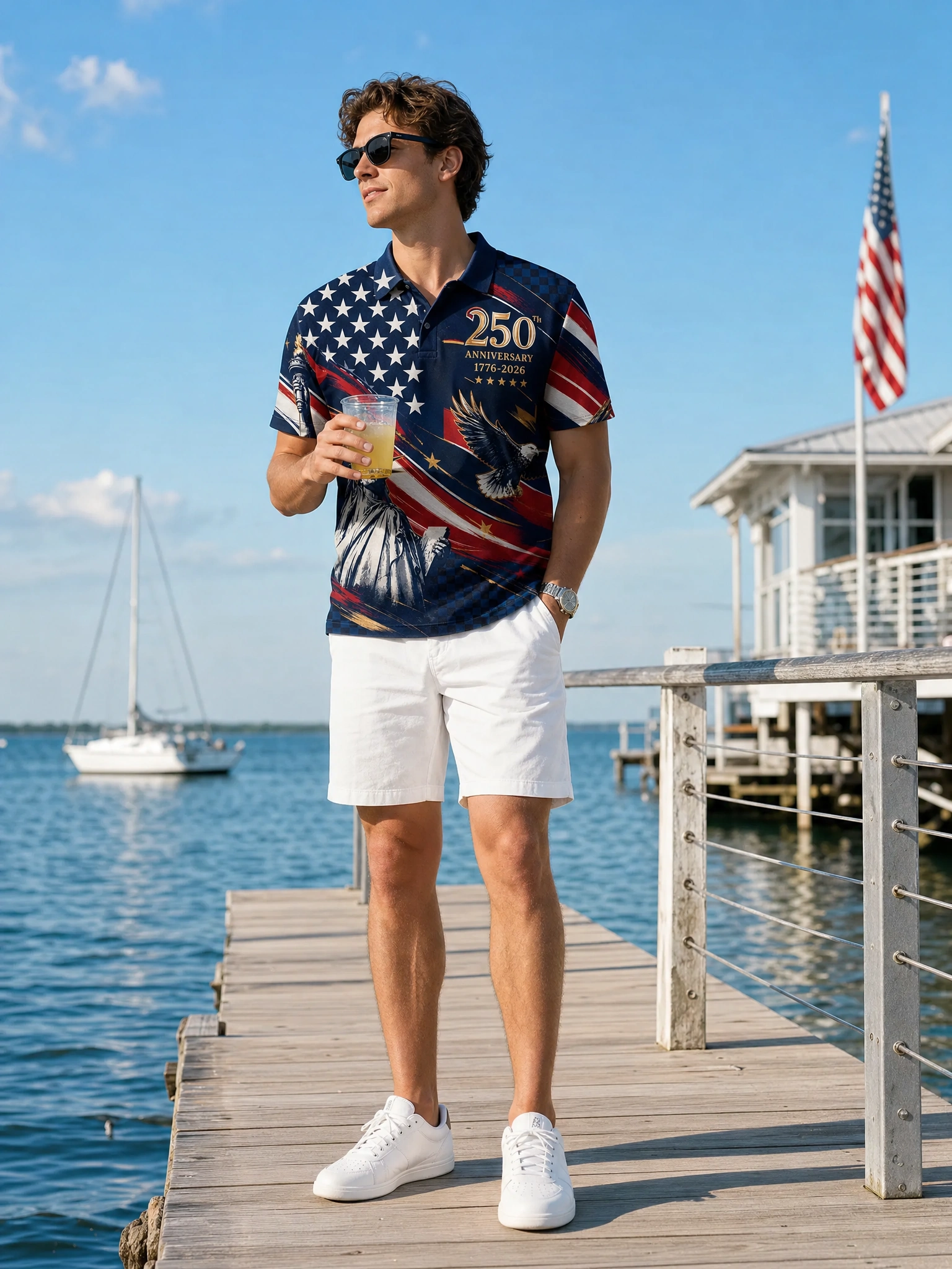 Moisture Wicking Golf Polo 3D 250th Anniversary Statue of Liberty Eagle Flag Button Short Sleeve Golf Polo Shirt