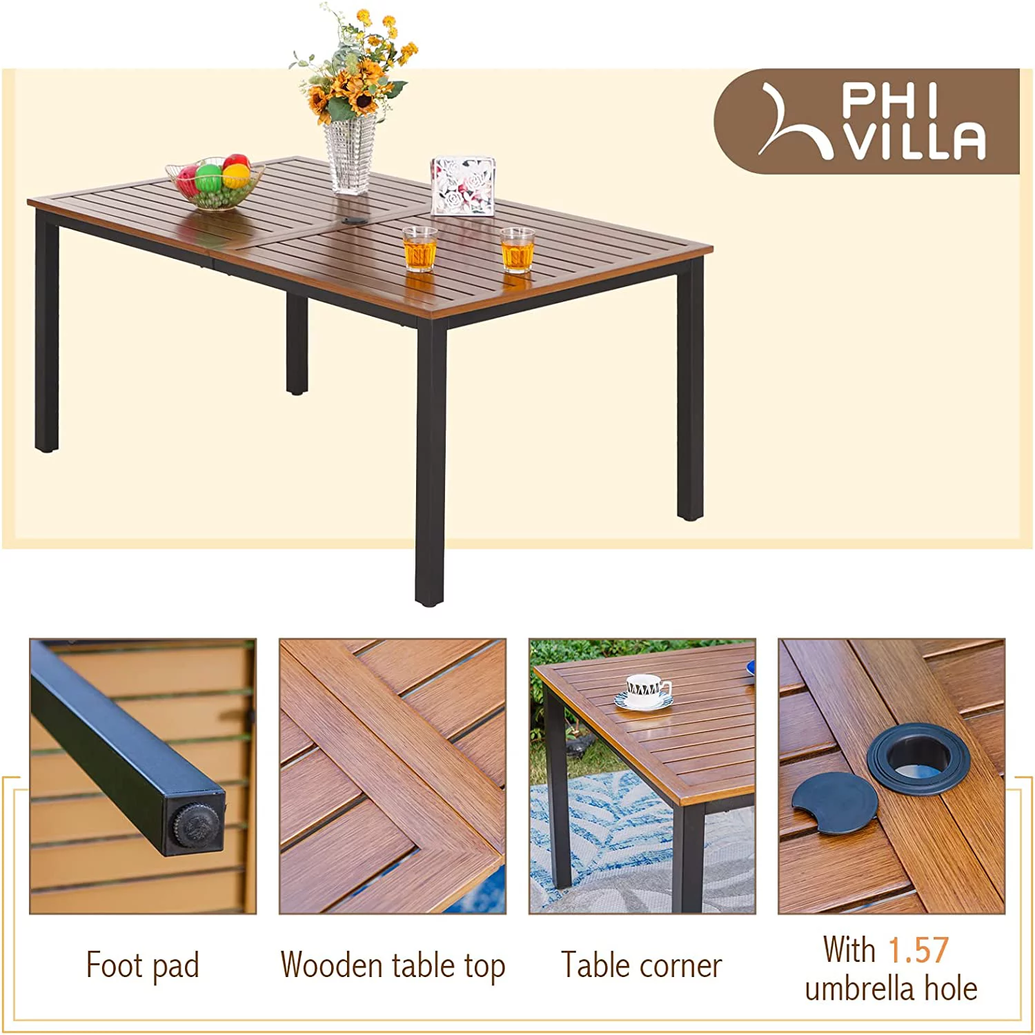 Perfect VILLA 7 PCS Outdoor Dining Table and Chairs 6 Spring Chairs with Higher Back and Wood-Like Table Top Dining Table Waterproof Rustproof for Garden  Yard