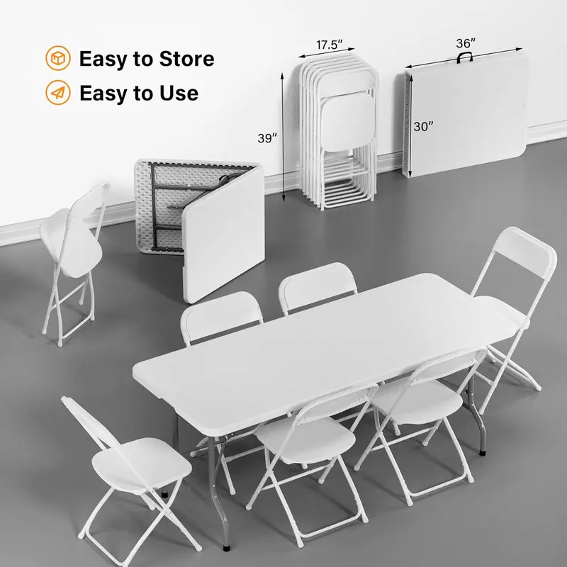 VINGLI 6-Foot Foldable Plastic Table Set – Includes 8 Lightweight White Folding Chairs
