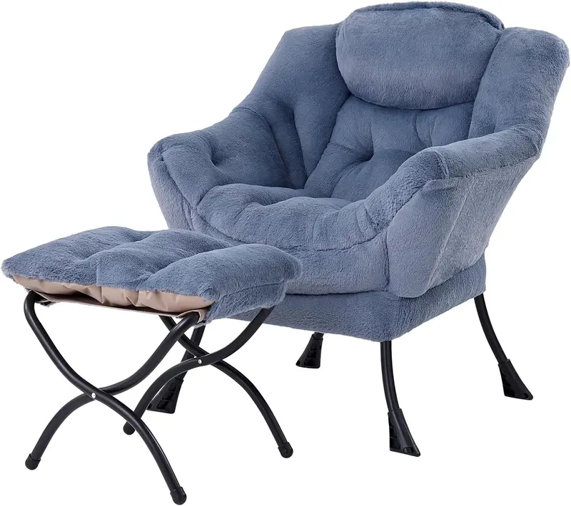 Welnow Modern Lazy Chair with Ottoman – Compact Accent Armchair Featuring Side Pocket and Footrest
