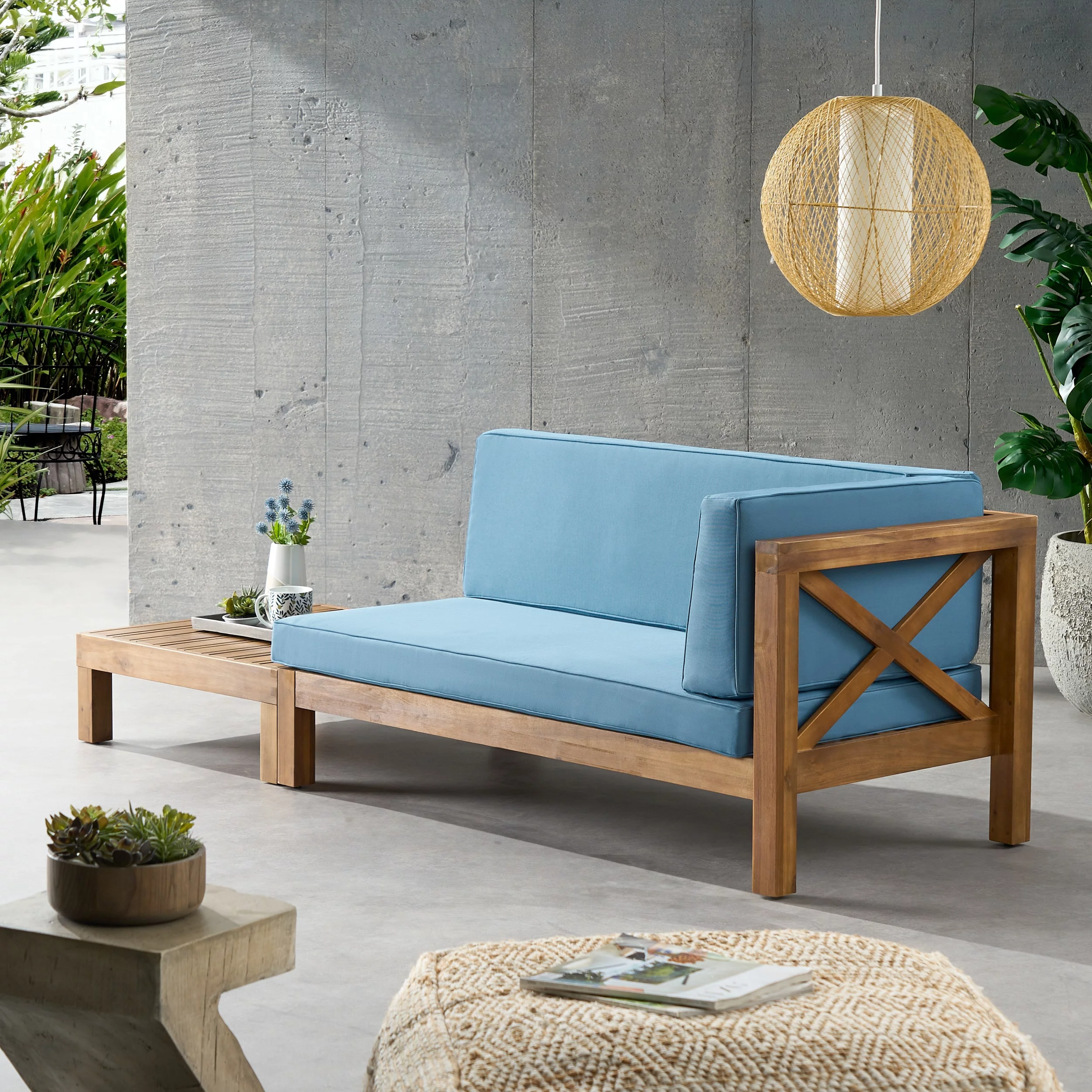 Christopher Knight Home Brava Outdoor Acacia Wood Right Arm Loveseat and Coffee Table Set with Cushion  by  Teak/ Red