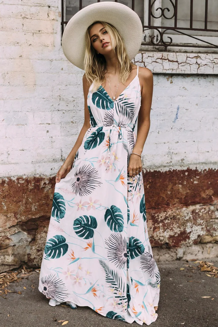 Plunging Neck Tropical Print Maxi DressClistos