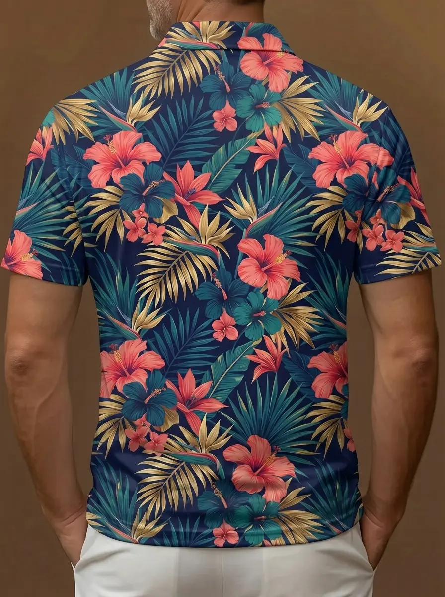 Navy Blue Tropical Hibiscus Floral Print Short Sleeve Golf Polo Shirt