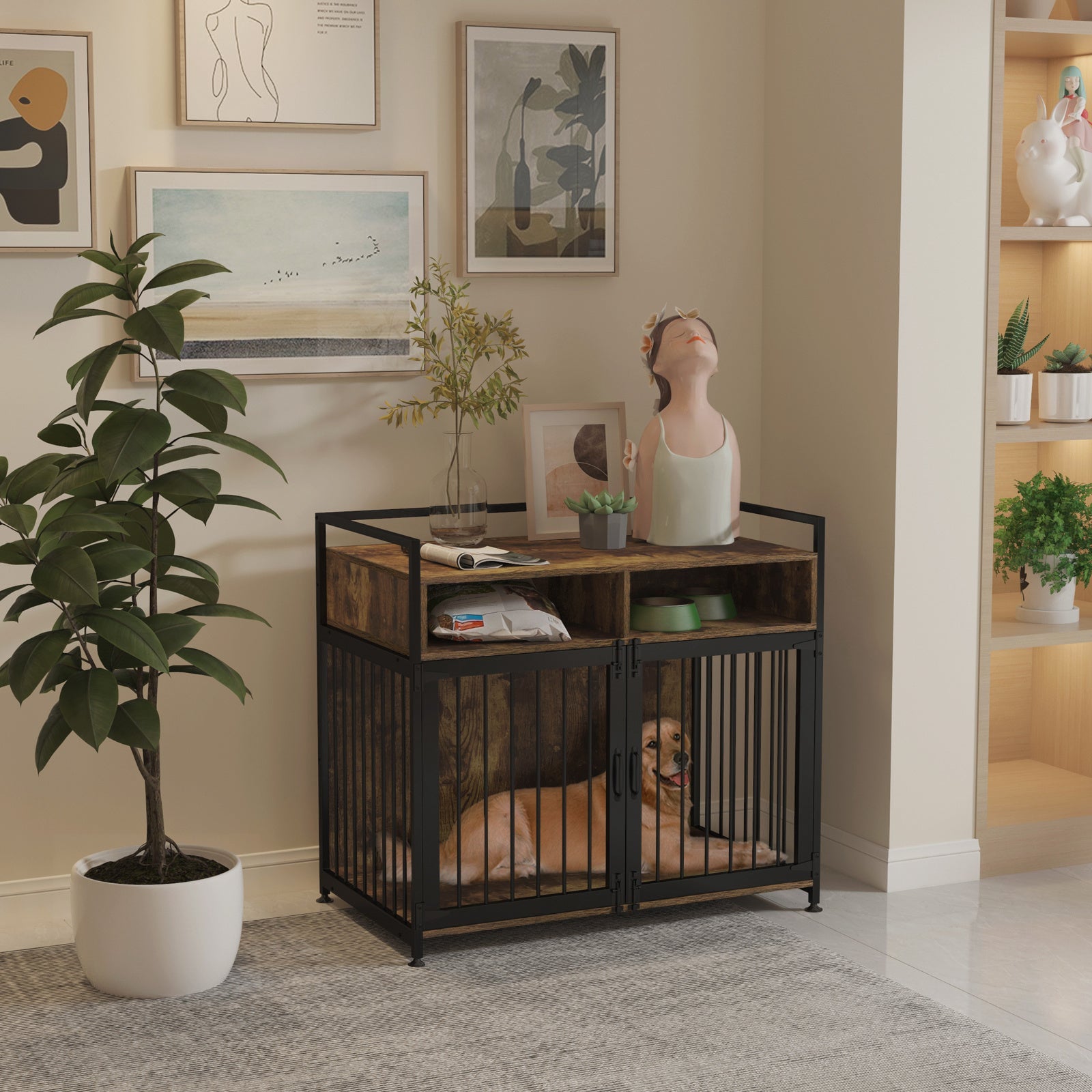 GDLF Dog Crate Furniture-Style Indoor Heavy Duty Kennel with Storage and Anti-Chew