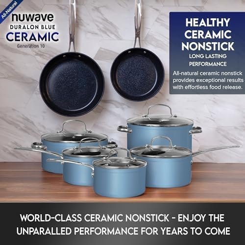 12pcs Blue Ceramic Nonstick Cookware Set, Diamond Infused Scratch-Resistant, PFAS Free, Dishwasher & Oven Safe, Induction Ready & Evenly Heats, Tempered Glass Lids & Stay-Cool Handles