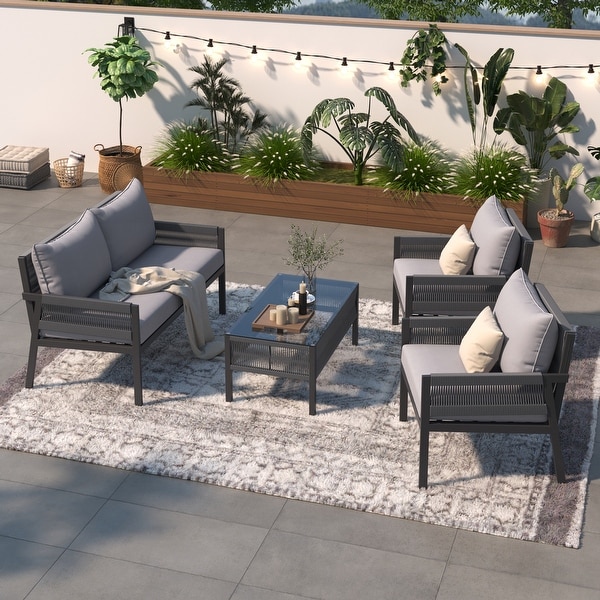4Piece Rope Patio Furniture Set,Outdoor Conversation Chairs Set