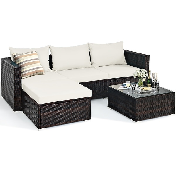 5PCS Patio Rattan Furniture Set Sectional Conversation Sofa w/ Coffee