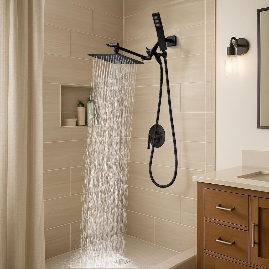 8-Inch Square Dual Shower Head Combo, All-Metal Handheld with Adjustable Extension Arm (Matte Black)