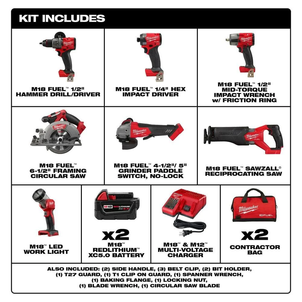 2026 Milwaukee 3697-27 M18 FUEL 18V 7 Tool Cordless Lithium-Ion Combo Kit