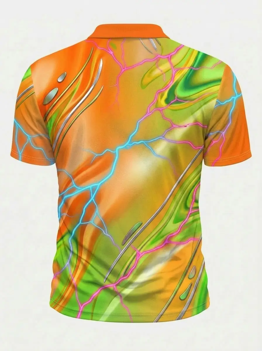 Moisture Wicking Golf Polo 3D Orange Green Lightning Swirl Button Short Sleeve Golf Polo Shirt