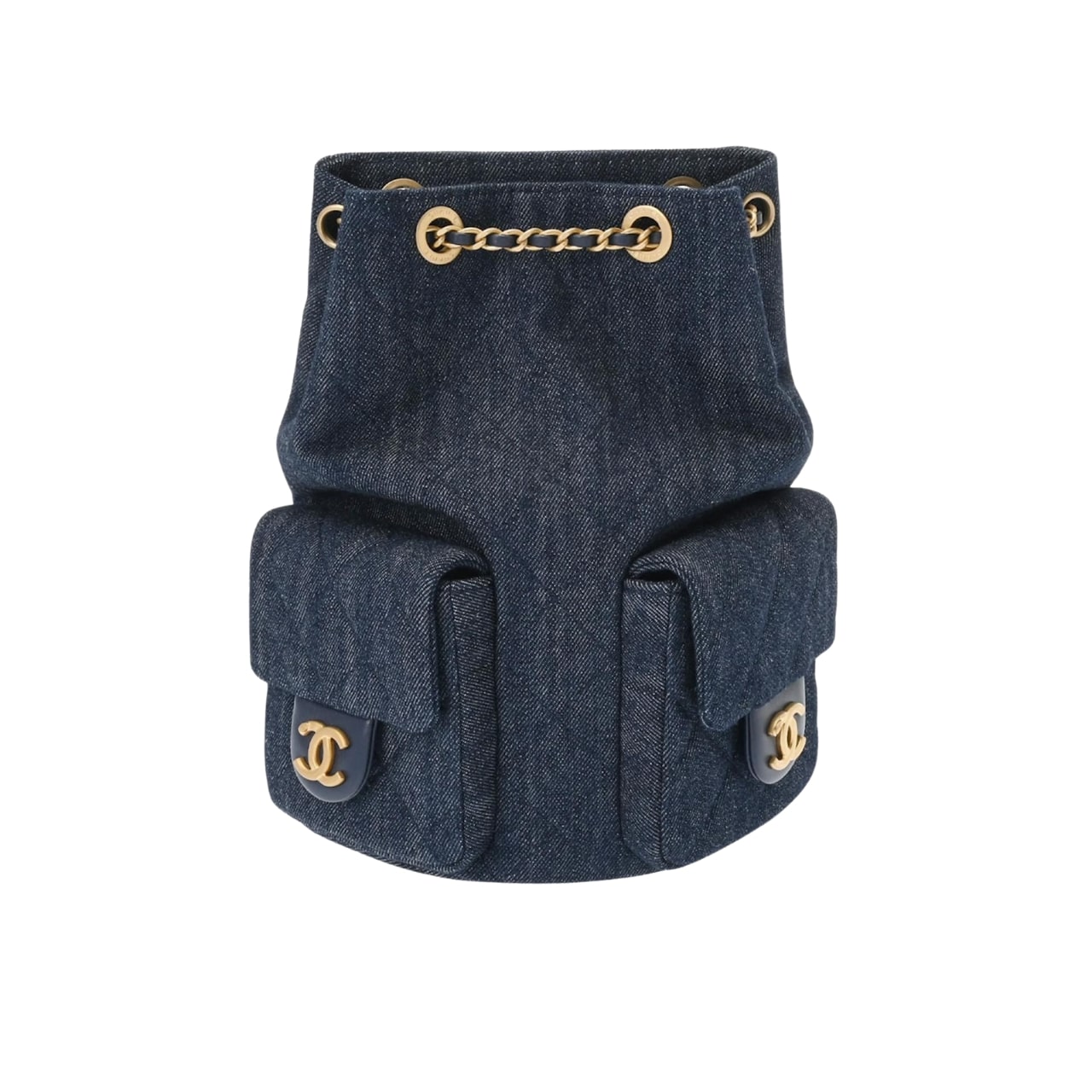 Chanel 25C Gold Tone Metal Denim Backpack Navy Blue 24Cm/10in