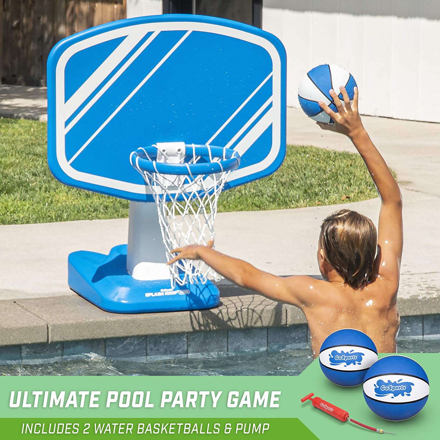 GoSports Splash Hoop Swimming Pool Basketball Game�� Includes Poolside Water Basketball Hoop�� 2 Balls and Pump