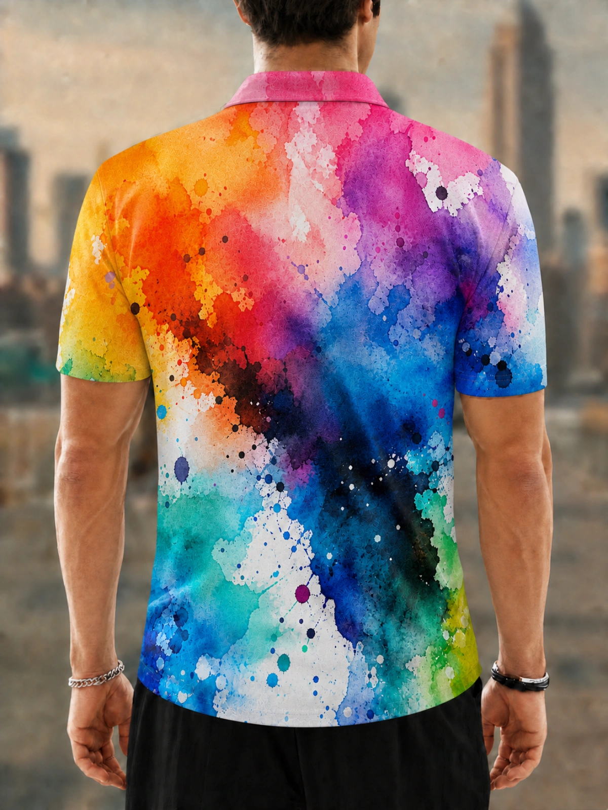 Moisture Wicking Golf Polo 3D Rainbow Watercolor Splash Ink Wash Button Short Sleeve Golf Polo Shirt