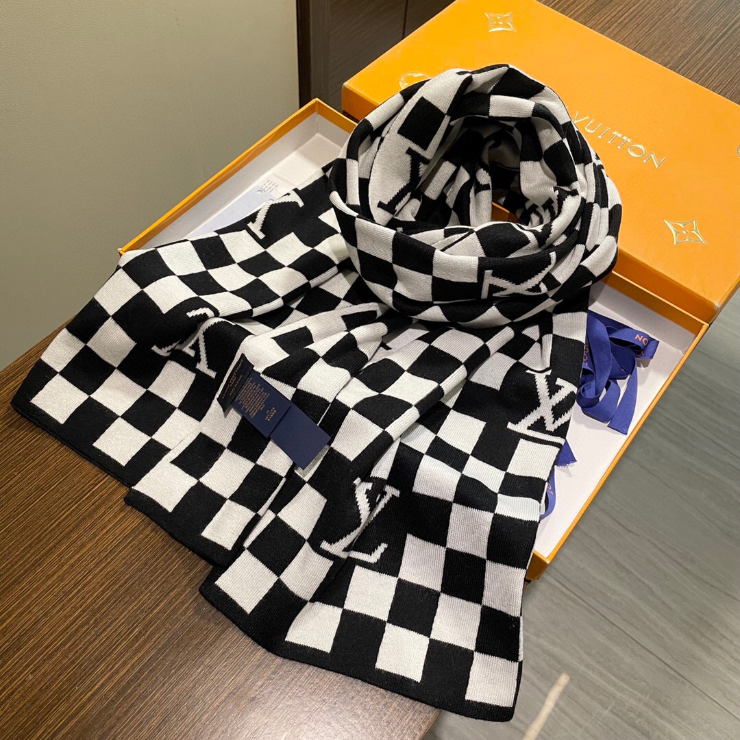 Louis Vuitton Monogram Cashmere Jacquard Scarf Black-White For Women 200cm