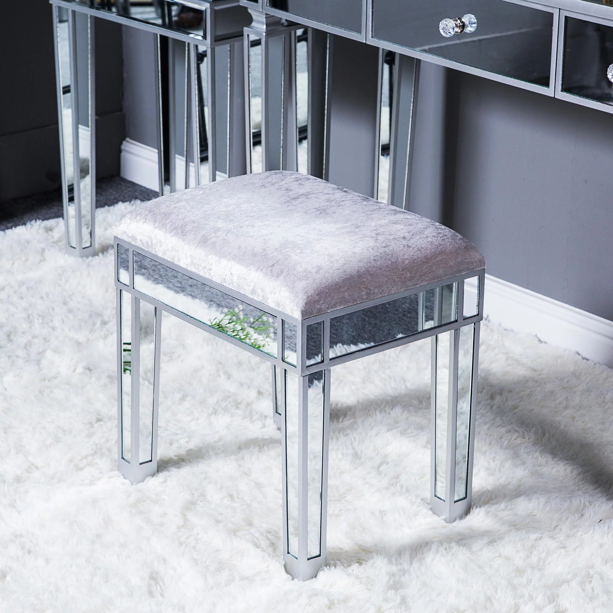 Ktaxon Mirrored Vanity Stool Makeup Bench Dressing Stools Cushioned Chair Modern Piano Seat for Living Room Bedroom,Silver