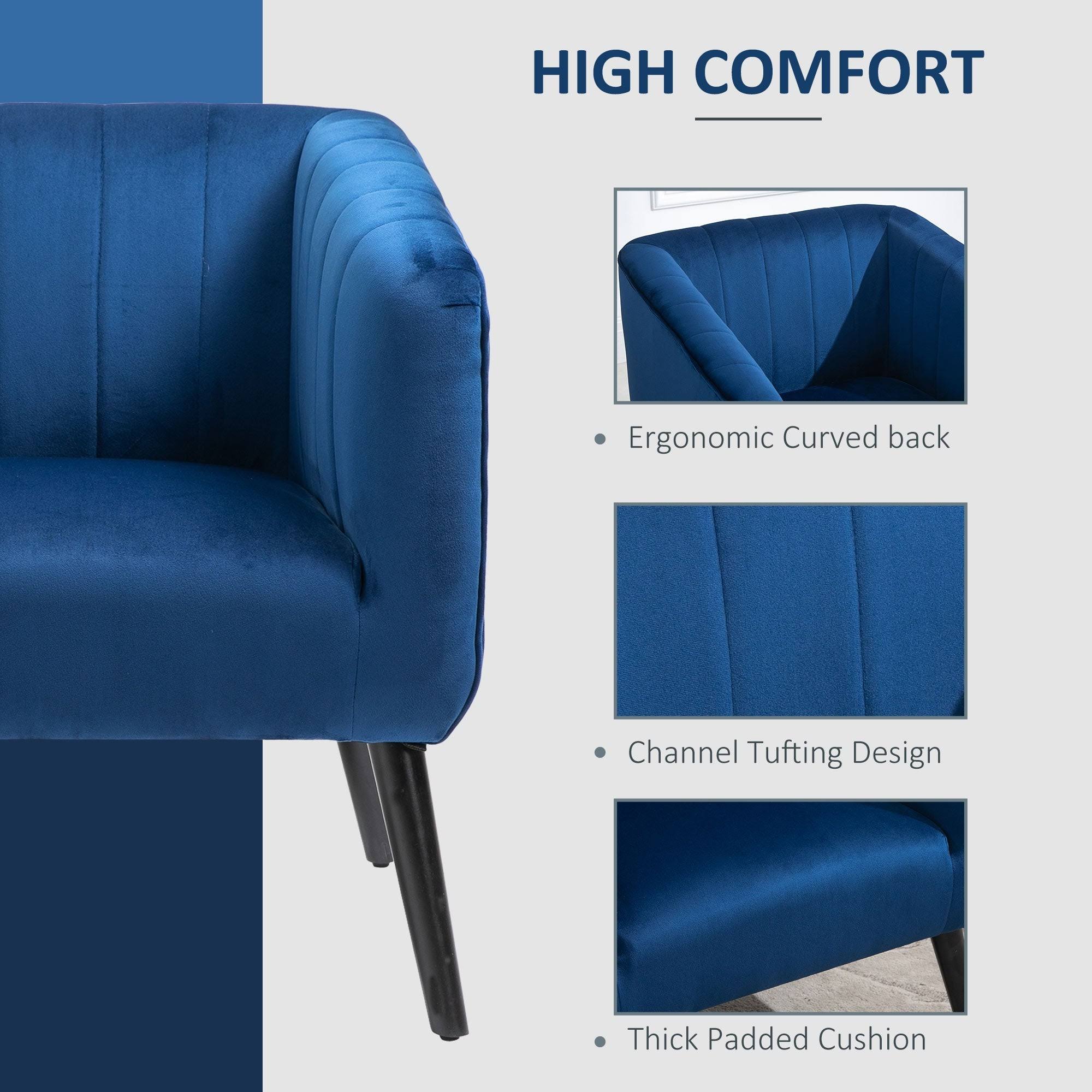 HOMCOM Luxury Velvet Fabric Accent Armchair with Thick Padding, High Armrests, and Channel Tufting, Blue