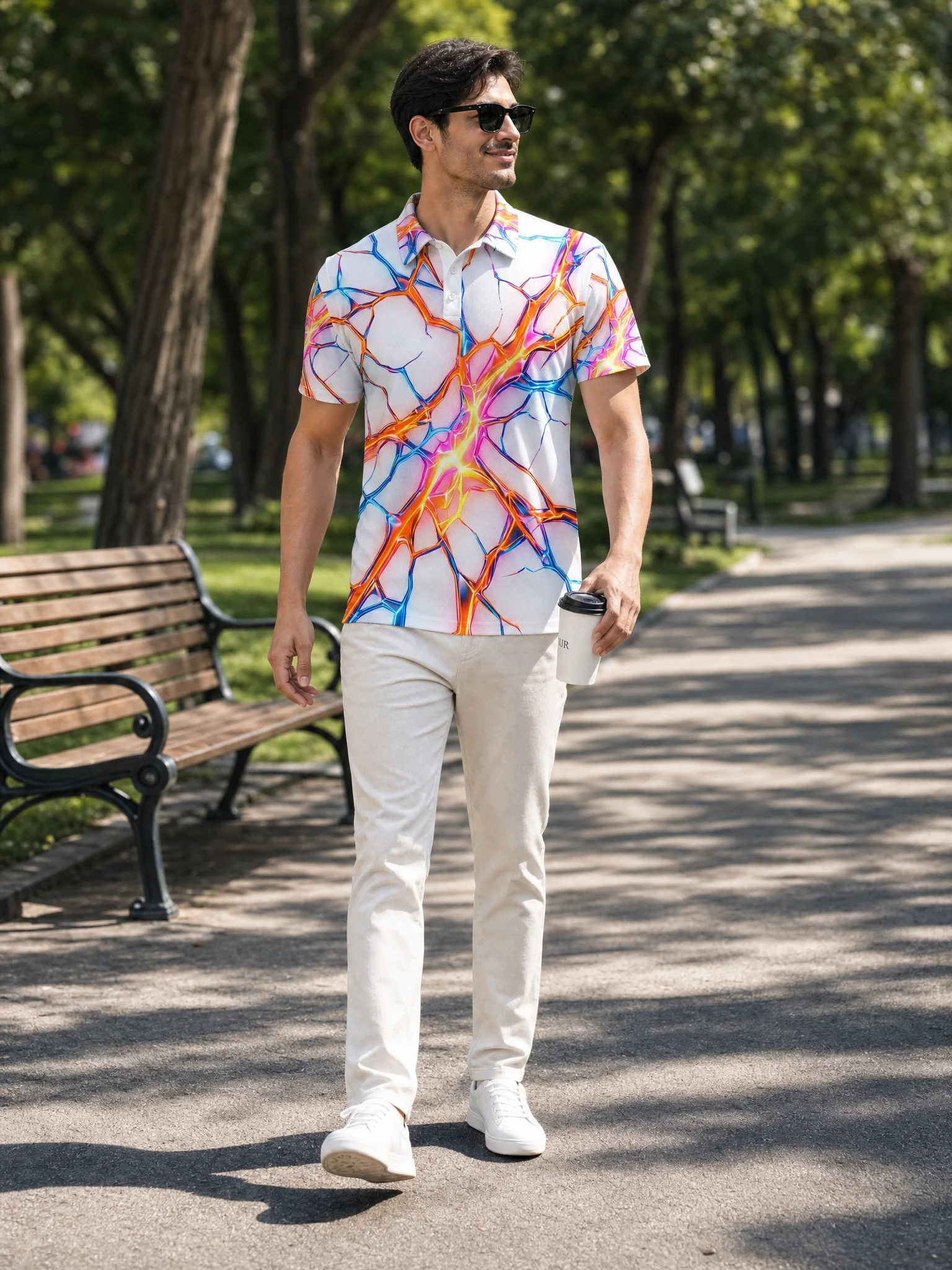 Moisture Wicking Golf Polo 3D White Multicolor Cracked Lightning Button Short Sleeve Golf Polo Shirt
