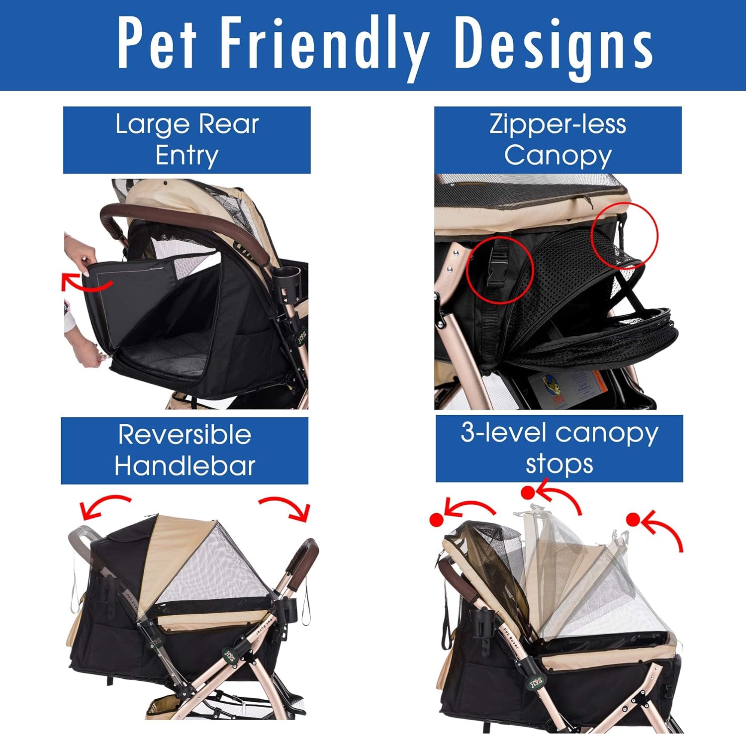 Pet Rover Premium Heavy Duty DogCat Stroller Travel Carriage CompartmentZipperless EntryPump-Free Rubber Tires Small, Medium, Large Pets (Black 2nd-Gen.), X-Large (Pack of 1)