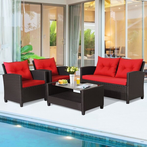Gymax 4PCS Outdoor Conversation Set Patio PE Rattan Set w/ Glass Table