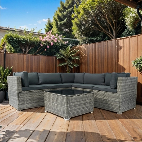 6 Pieces PE Rattan sectional Outdoor Furniture Cushioned Sofa set Grey Wicker,Dark Grey Cushion