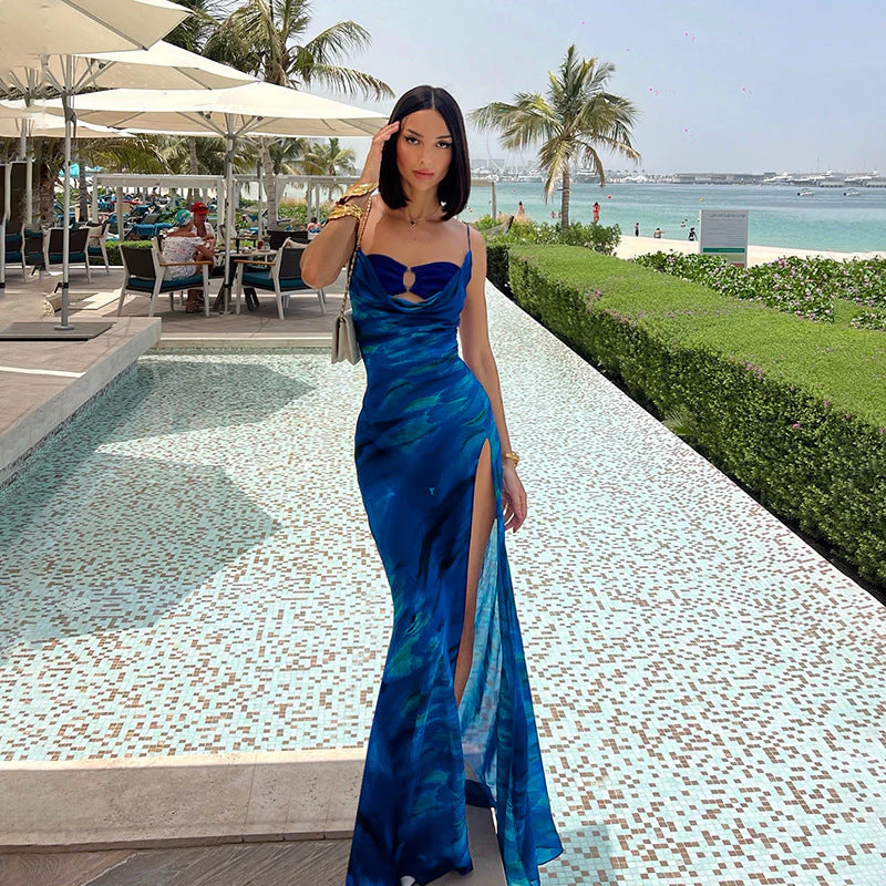 Elegant Cowl Neck Maxi Dress with High SlitClistos