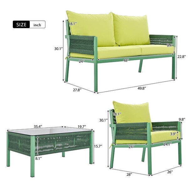 Rope Patio Conversation Set with Tempered Glass Table (4 Pieces)