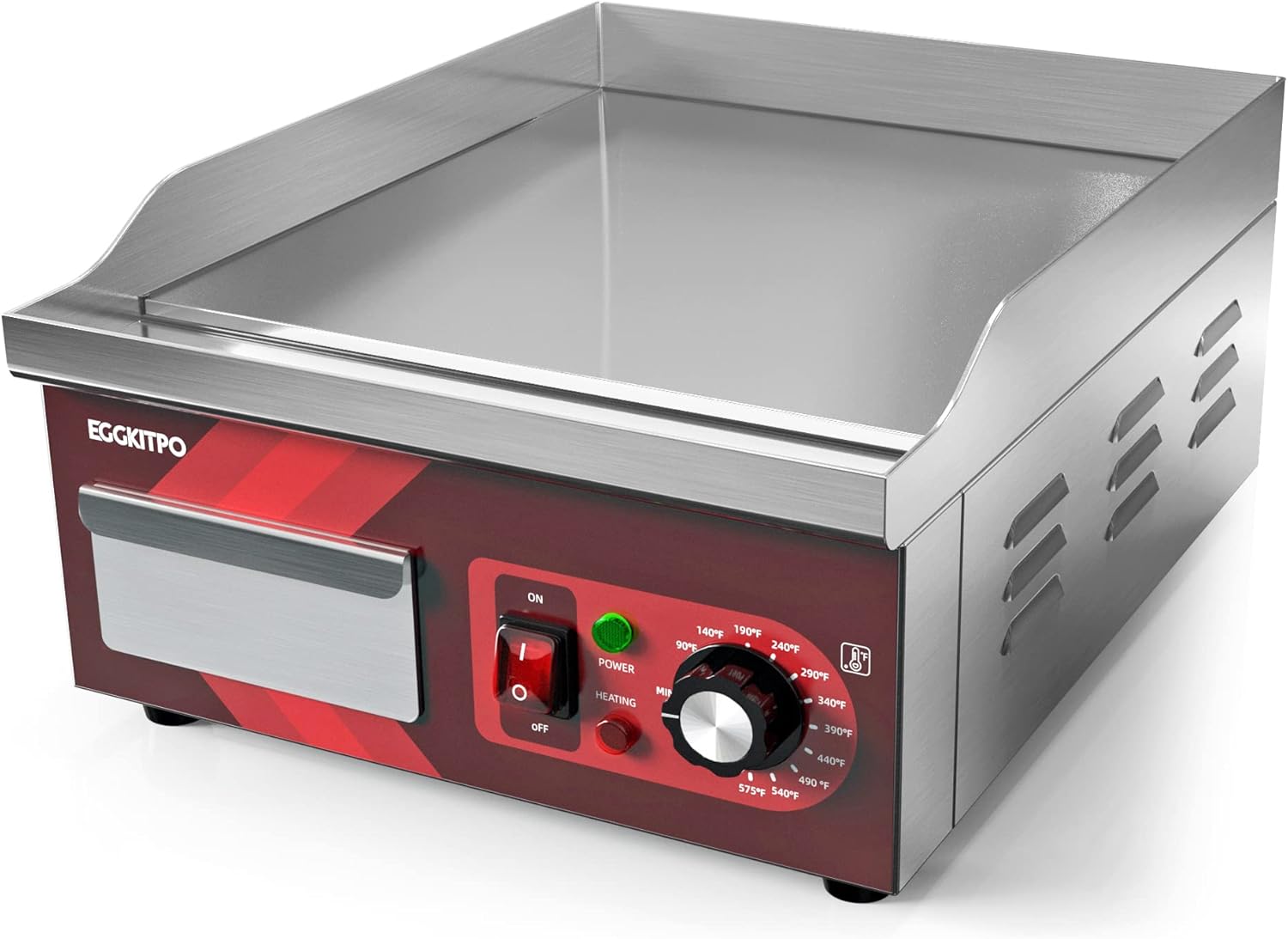14 Inch Electric Griddle, Non-Stick Flat Top Grill Commercial Electric Countertop Griddles Stainless Steel Adjustable Temperature Control 90°F-575°F for Home or Restaurant Use
