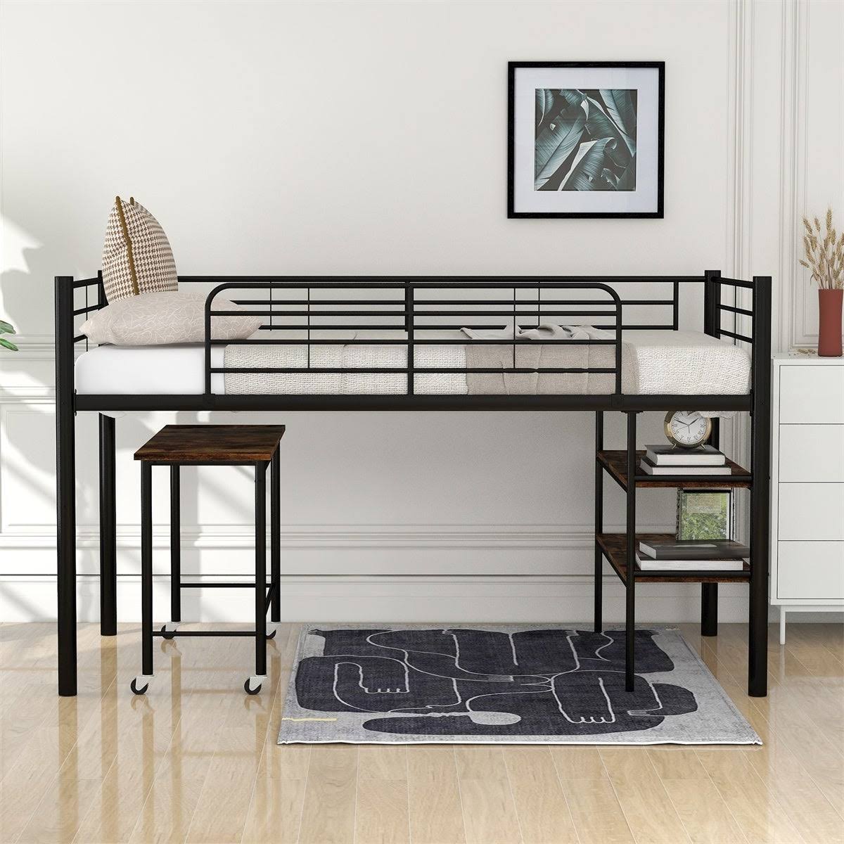 Merax Twin Size Metal Loft Bed with Desk and Shelves - Silver