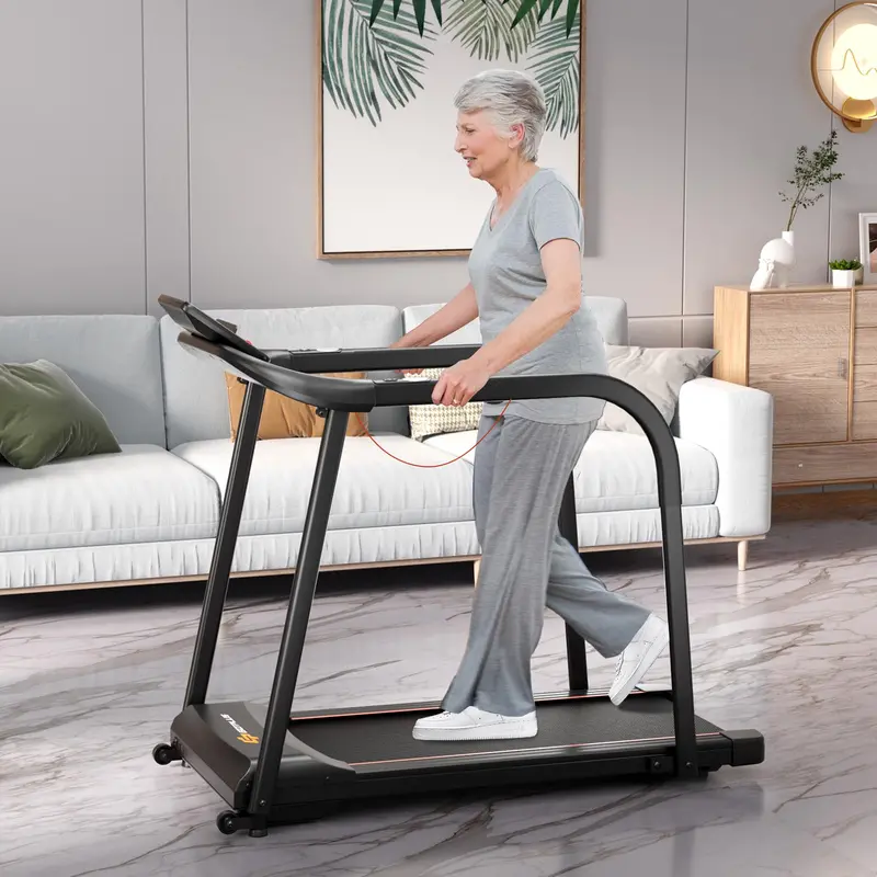 Senior-Friendly Walking Treadmill — Low-Impact Home Fitness Machine with Long Handrails, 300-Lb Capacity, and Pulse Sensors
