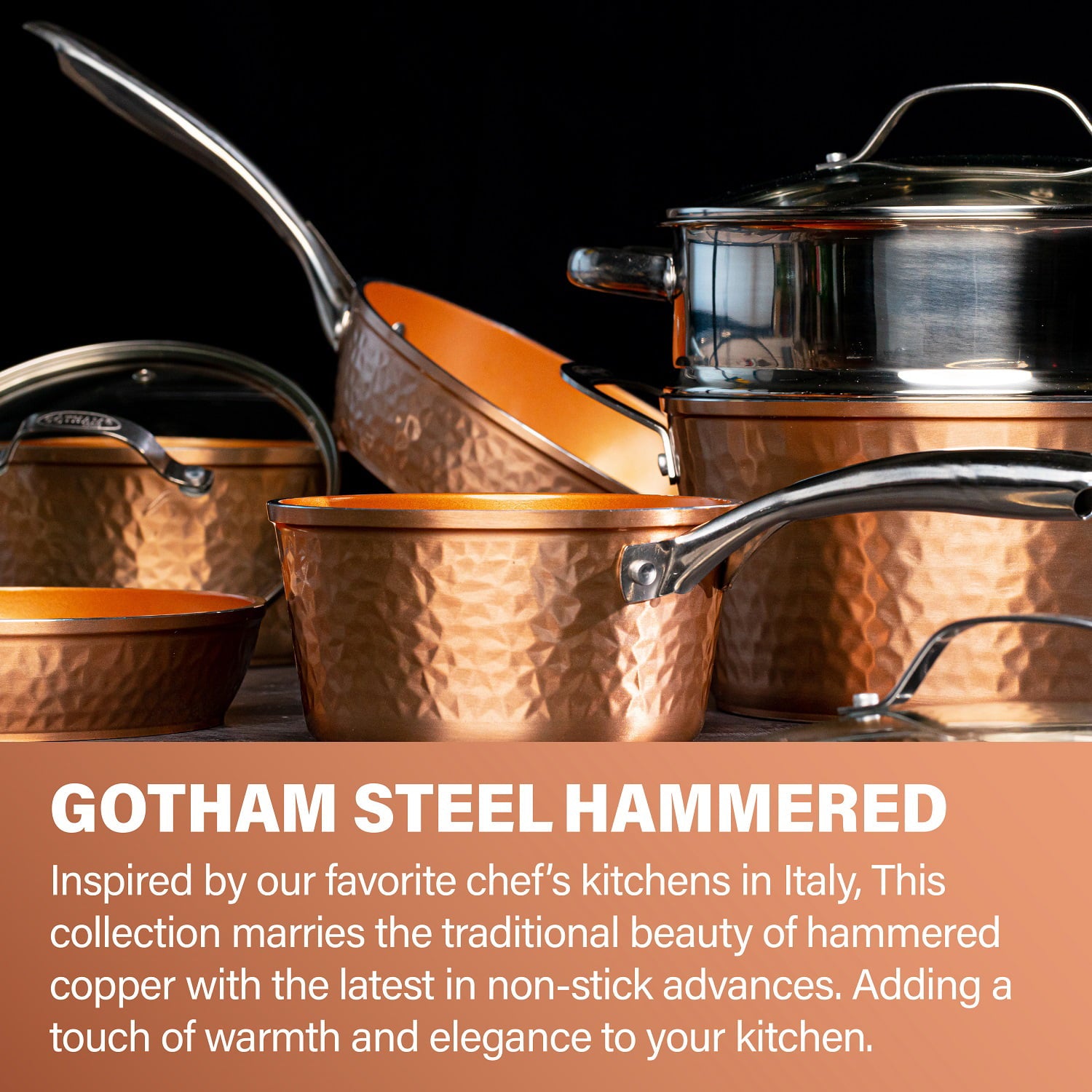Gotham Steel Hammered 10 Piece Cookware Set, Oven Safe, Dishwasher Safe - Elegant Pots and Pans