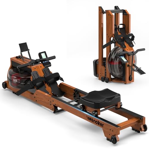 Water Rowing Machine for Home Use, WENOKER Wooden Foldable Rower Machine with Adjustable Monitor & Bluetooth APP, Large Water Tank & Comfortable Seat for Immersive Water Rower, 350LBS Weight Capacity
