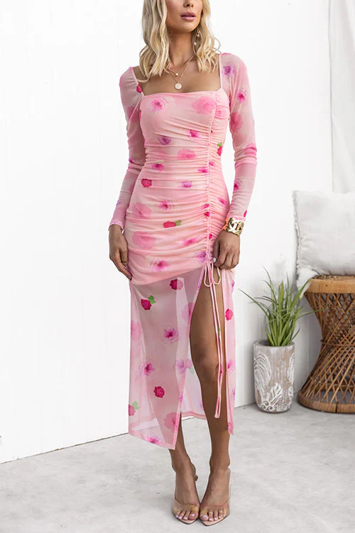 Rose Print Bodycon Midi Dress with SlitClistos