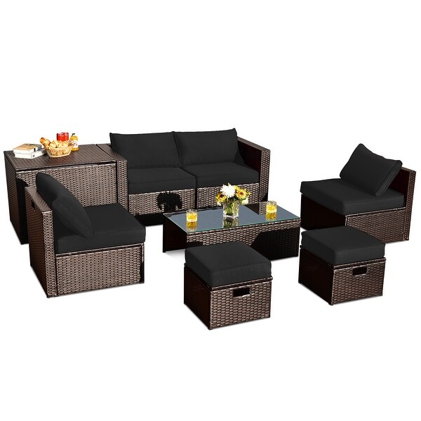 Gymax 8PCS Patio Rattan PE Wicker Conversation Set AllWeather