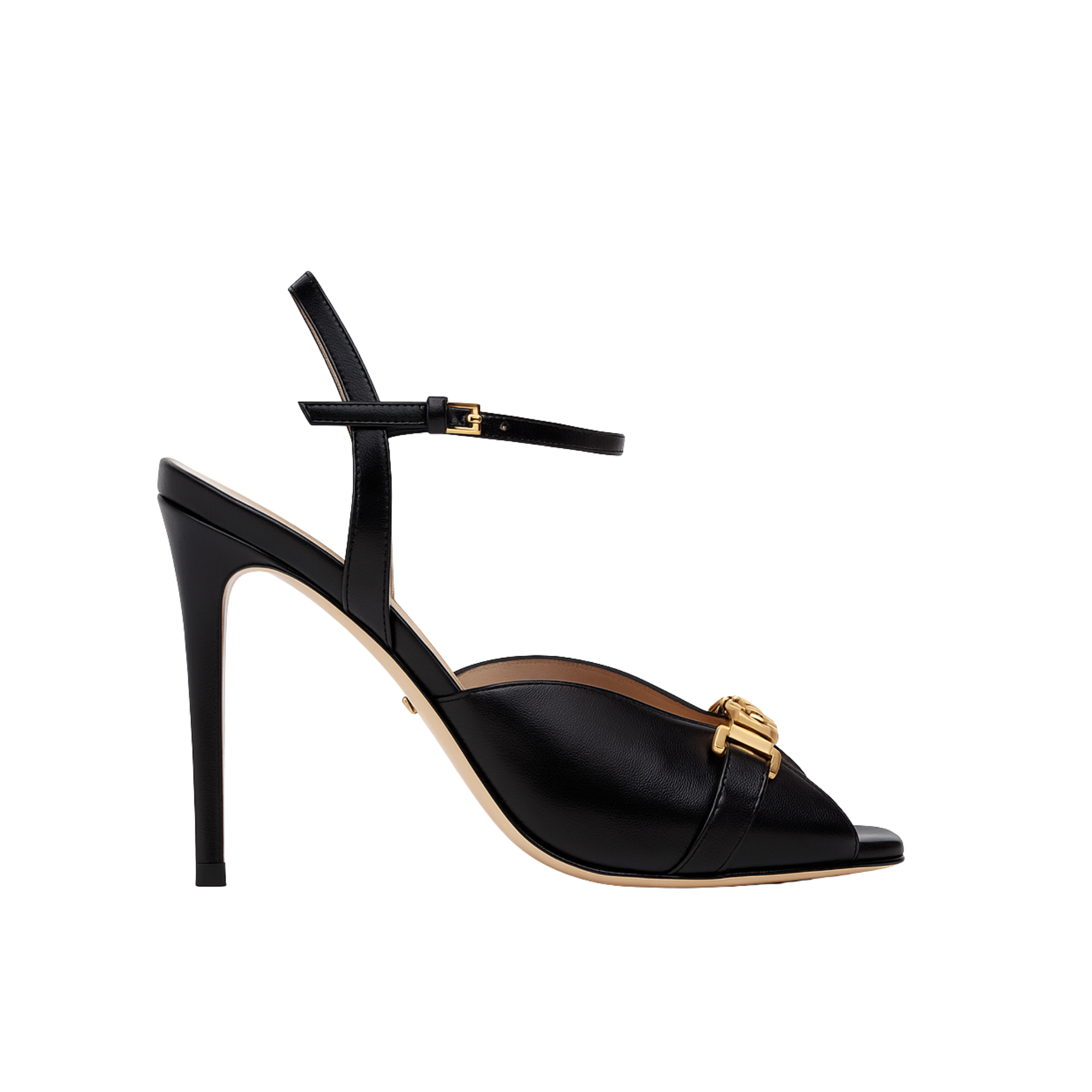Gucci Metal Chain Stiletto Heels Flip Flop Fish Mouth Sandals Black